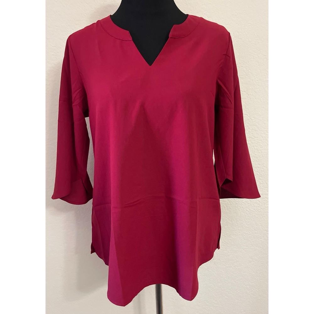 DJT Womens Magenta Notched V-Neck 3/4 Bell Sleeve Blouse Top Side Slits Small